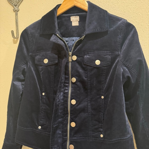 Women’s CHICO’S Navy Blue Velvet Jean Jacket Style Jacket  1Petite - Picture 2 of 10